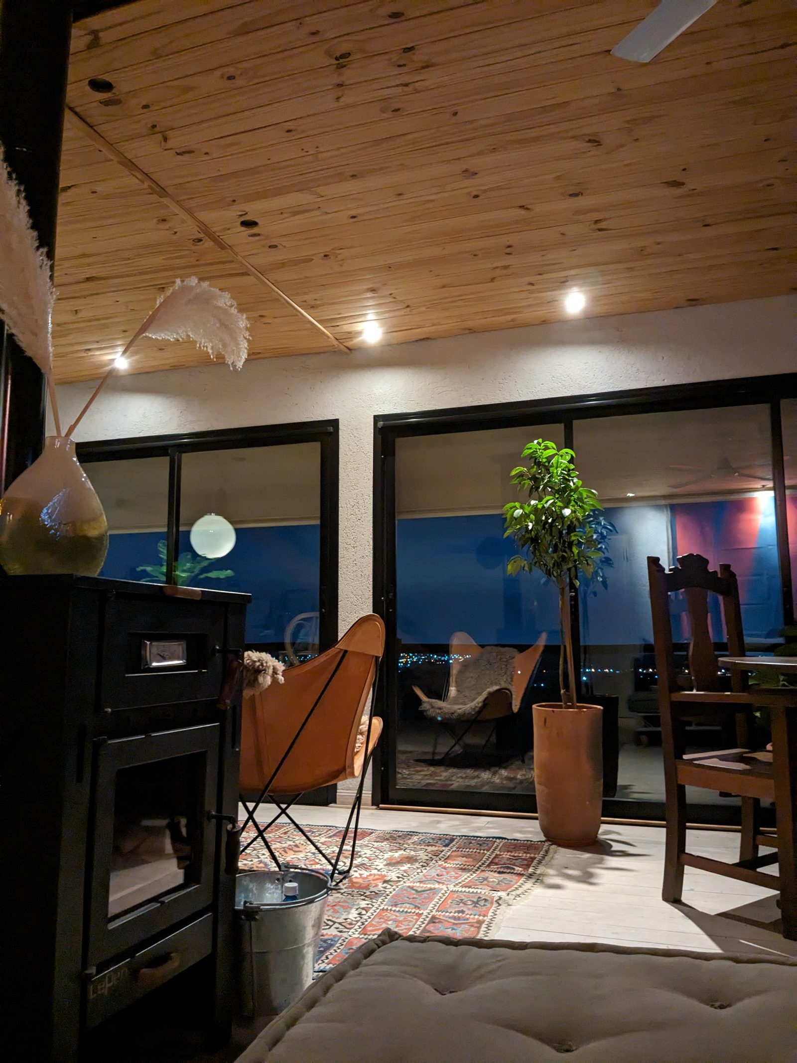 Interior at night — fireplace